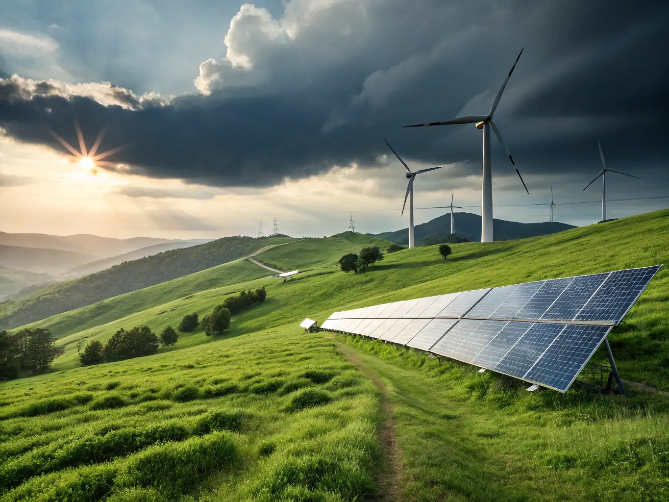 An image of solar panels and wind turbines set against an African landscape, symbolizing MANEWS Group's focus on renewable energy solutions.