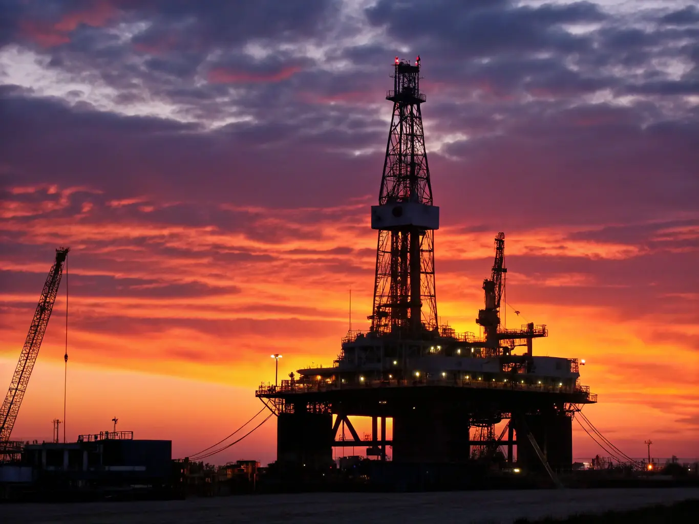 An oil rig at sunset, symbolizing Manews Oil's involvement in the hydrocarbons sector, with a focus on sustainable energy solutions.