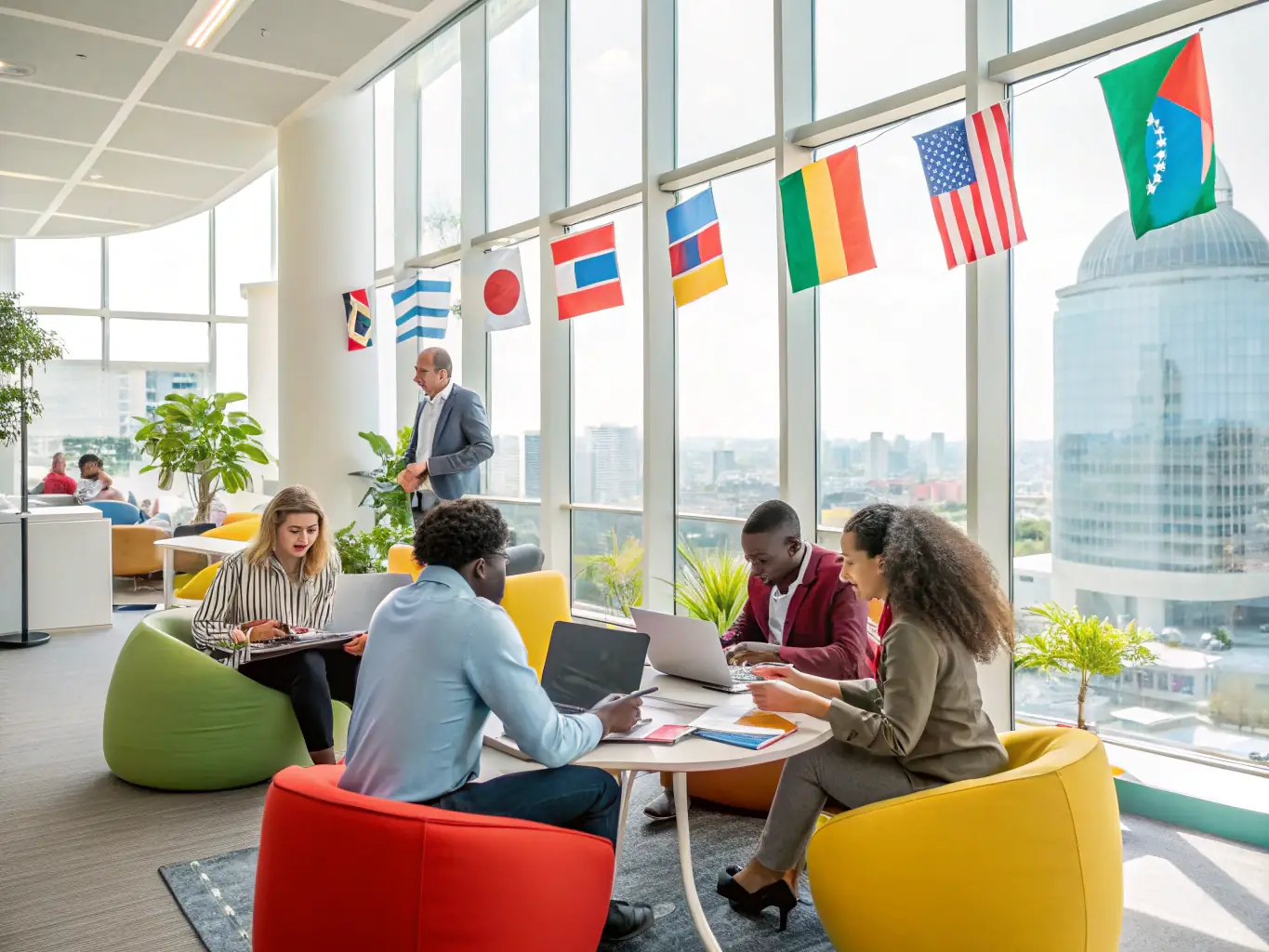 A modern office setting in Kinshasa, with employees working on computers and collaborating in meetings, representing Sofservice SARL's technical service offerings.