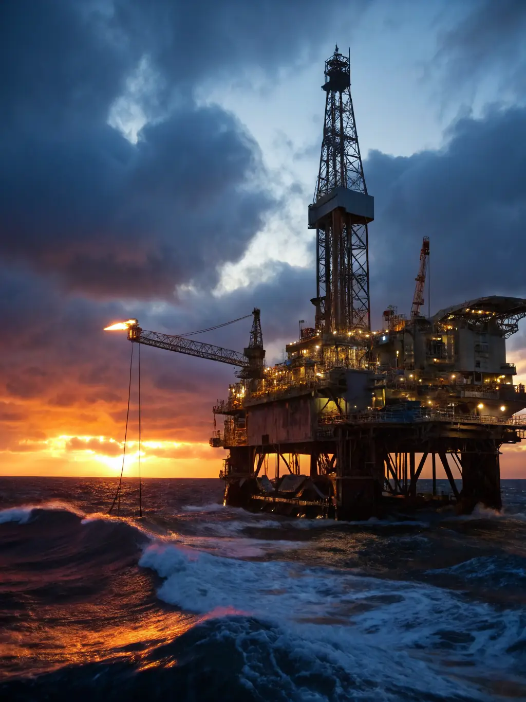 An oil rig at sunset, with MANEWS Oil logo subtly visible, emphasizing the company's involvement in hydrocarbon exploration and extraction.