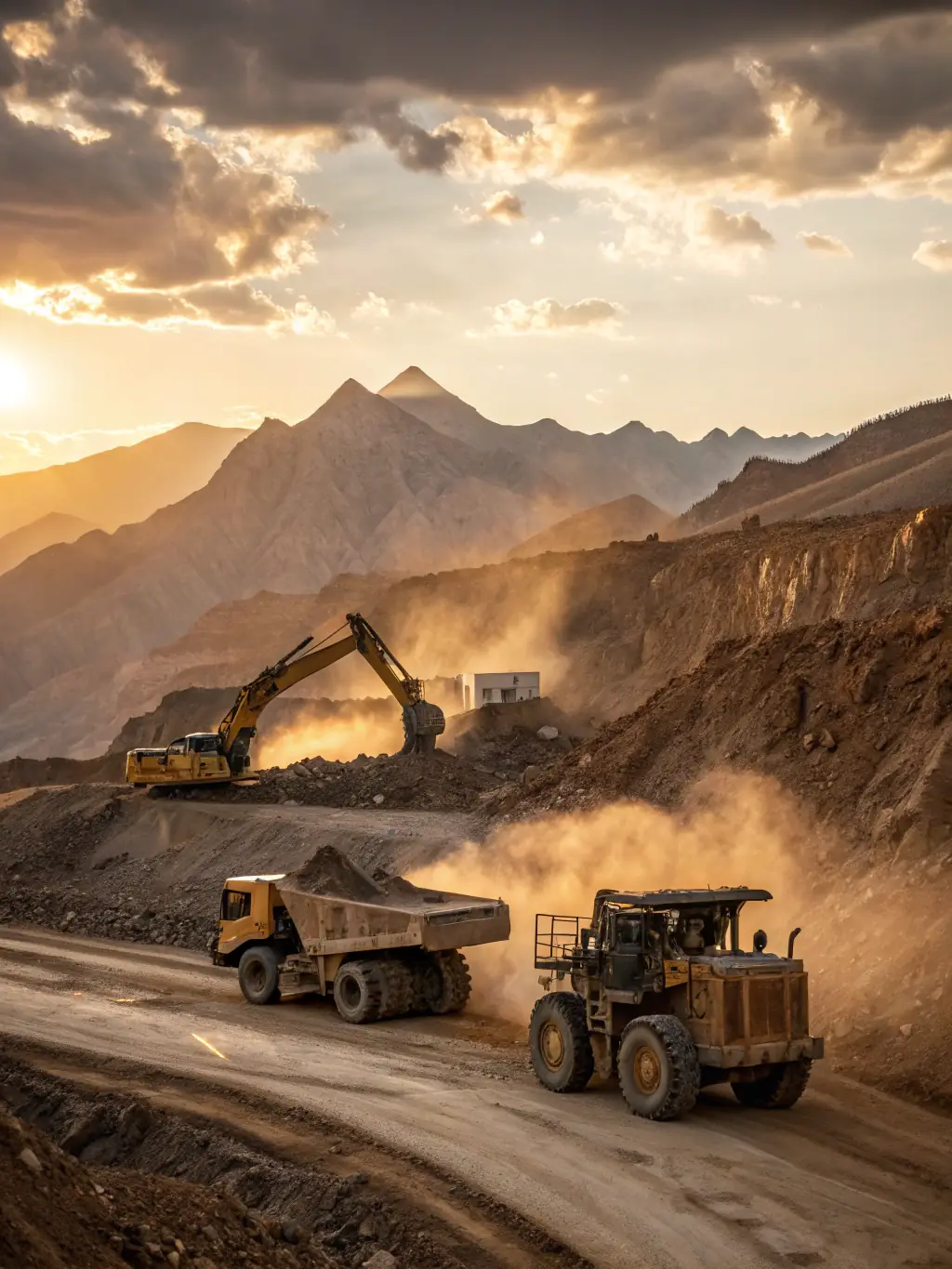 Mining equipment operating in an open-pit mine with workers overseeing operations, illustrating MANEWS Group's mining and subcontracting services.