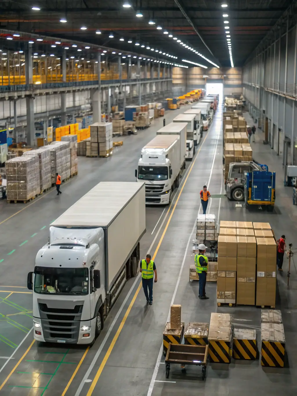 A modern logistics hub with trucks loading and unloading goods, highlighting the efficiency and scale of MANEWS Group's logistics operations.