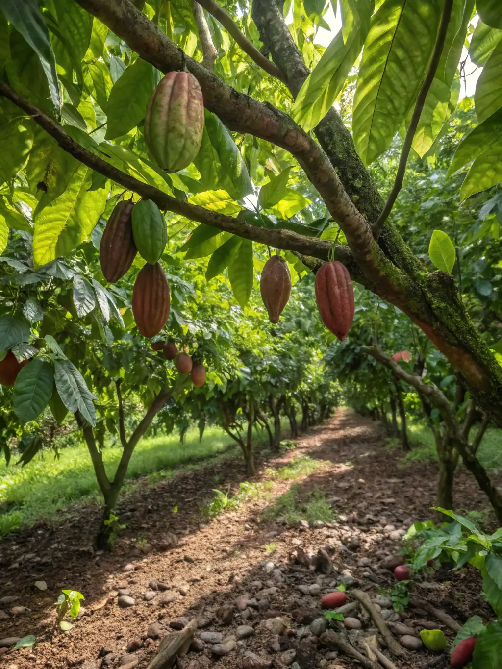 A vibrant cocoa farm in Mayombe, showcasing rows of cocoa trees laden with pods, with farmers tending to the crops. This image represents MANEWS Group's agri-food sector involvement.