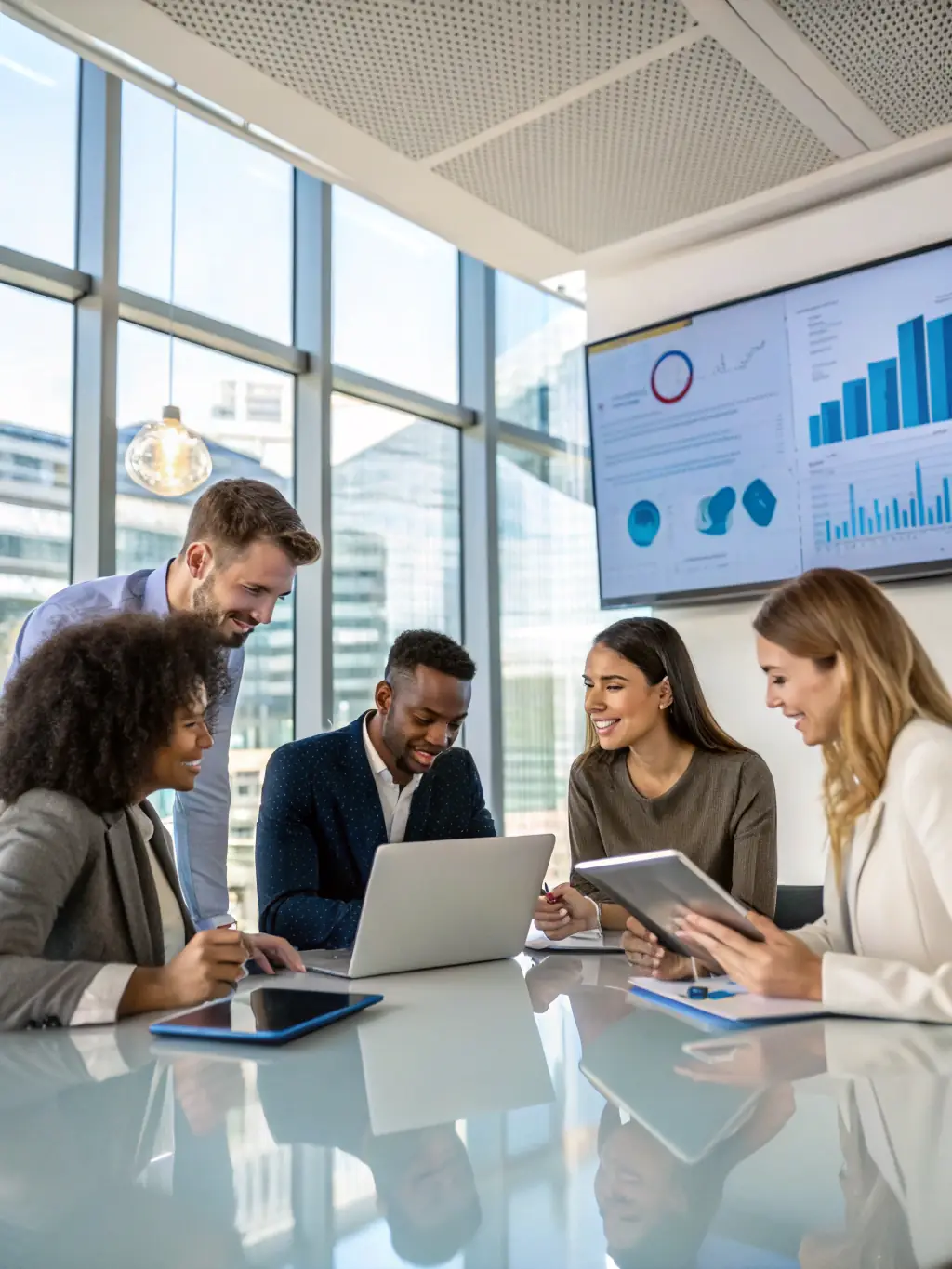 A diverse team of engineers and project managers collaborating on a blueprint in a modern office setting, representing MANEWS Group's expertise and collaborative approach.