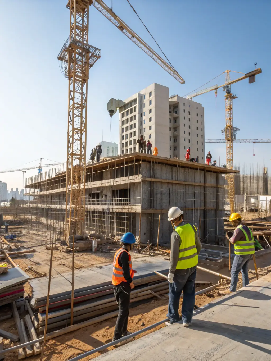 A modern construction site with cranes and workers building a large infrastructure project in Africa, showcasing MANEWS Group's construction and civil engineering expertise.