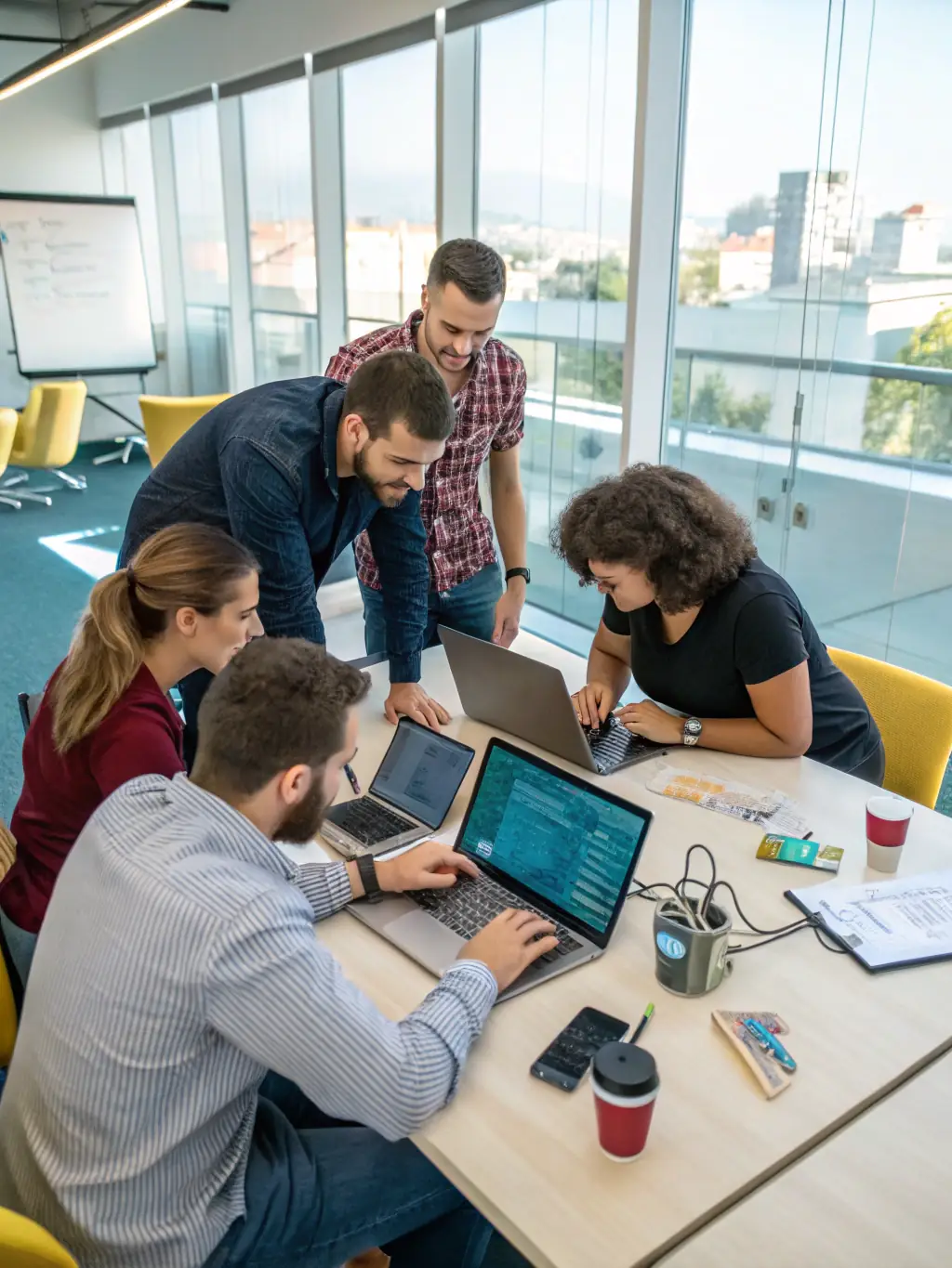 A diverse team of IT professionals working in a modern office environment, representing Sofservice SARL's technical expertise and service offerings.