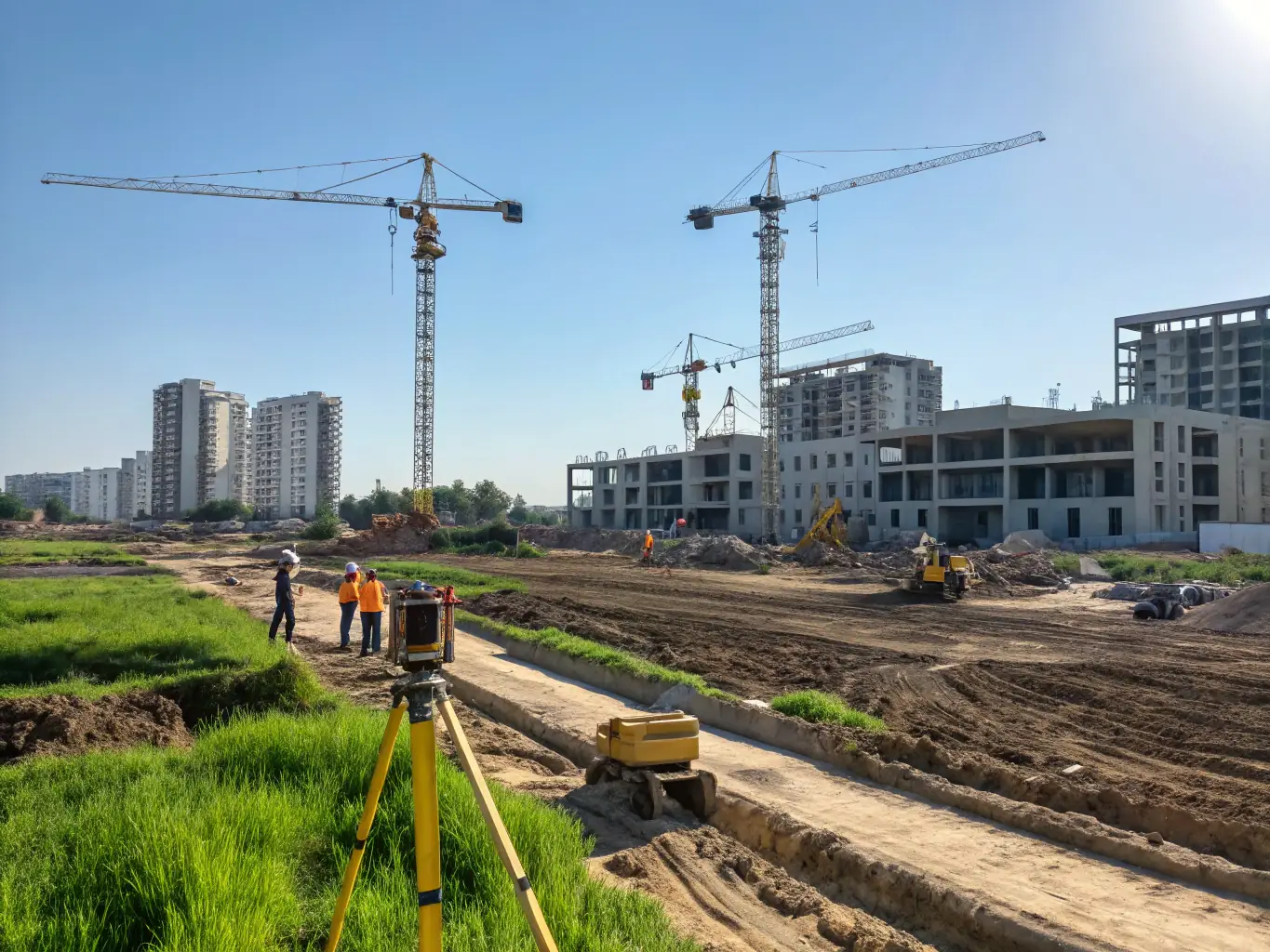 A modern construction site with cranes and workers building a large infrastructure project in Africa, representing MANEWS Group's expertise in construction and civil engineering.