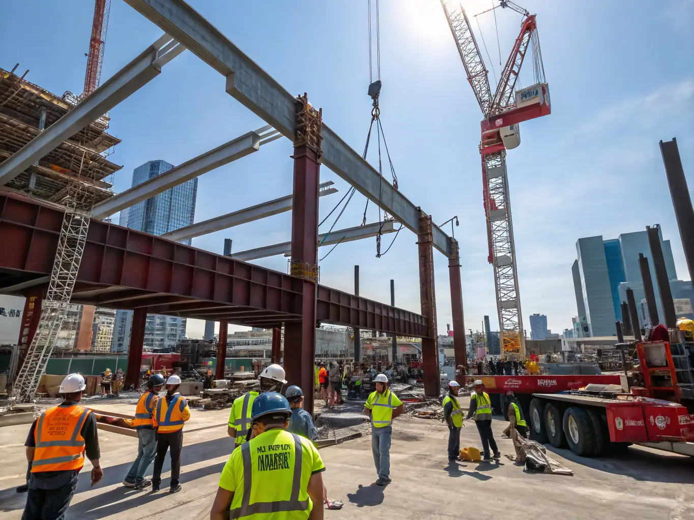A modern construction site in Kinshasa, showcasing Manews Construct's expertise in infrastructure development, with heavy machinery and workers in action.