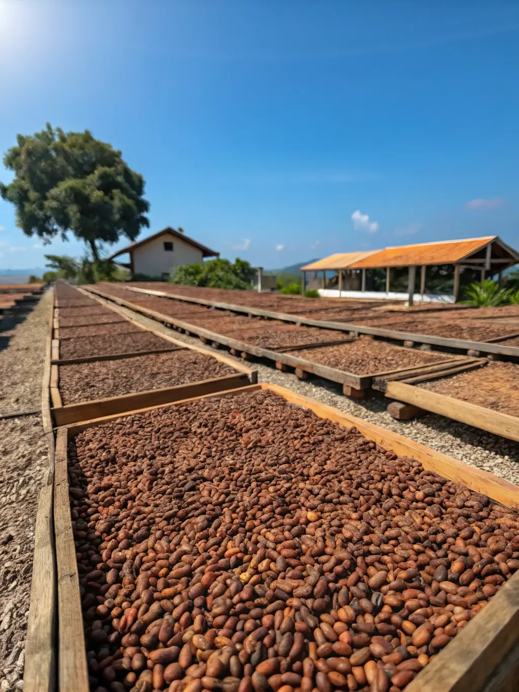 Cacao beans drying in the sun with lush greenery in the background, highlighting MANEWS Group's agro-industry division, Cacao de Mayombe.