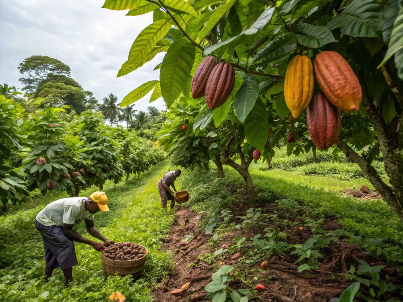 A field of cacao trees in Mayombe, showcasing Sofservice SARL's dedication to agro-industry and sustainable farming practices.