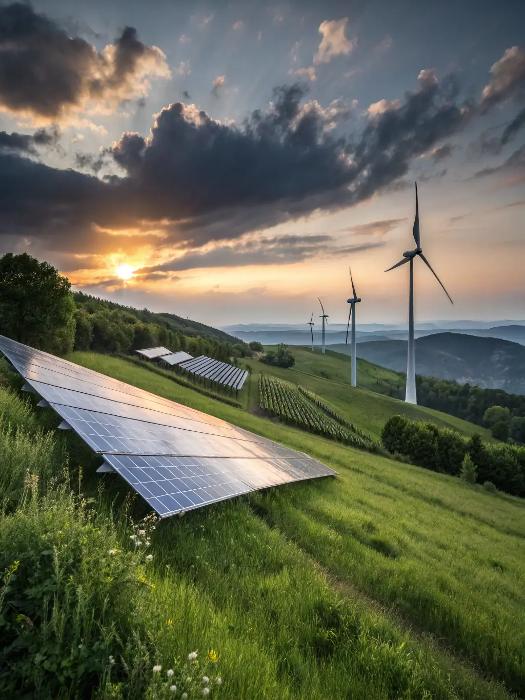 An image of solar panels and wind turbines set against an African landscape, representing MANEWS Group's commitment to renewable energy solutions.