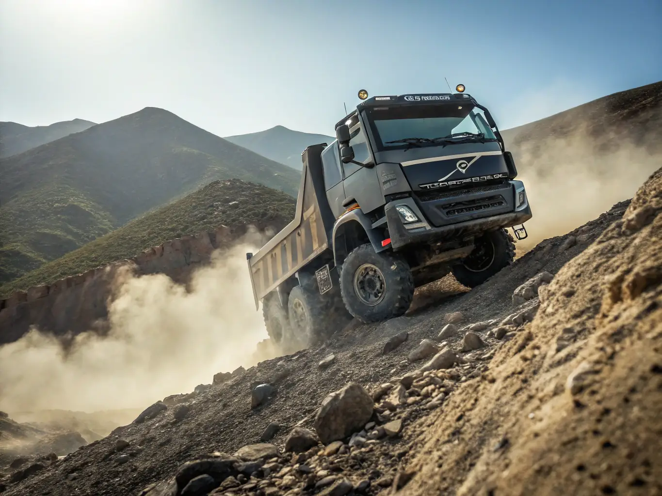 A heavy transport truck carrying mining equipment through a rugged terrain in Congo, showcasing ELEPHANT SARL's heavy transport capabilities.