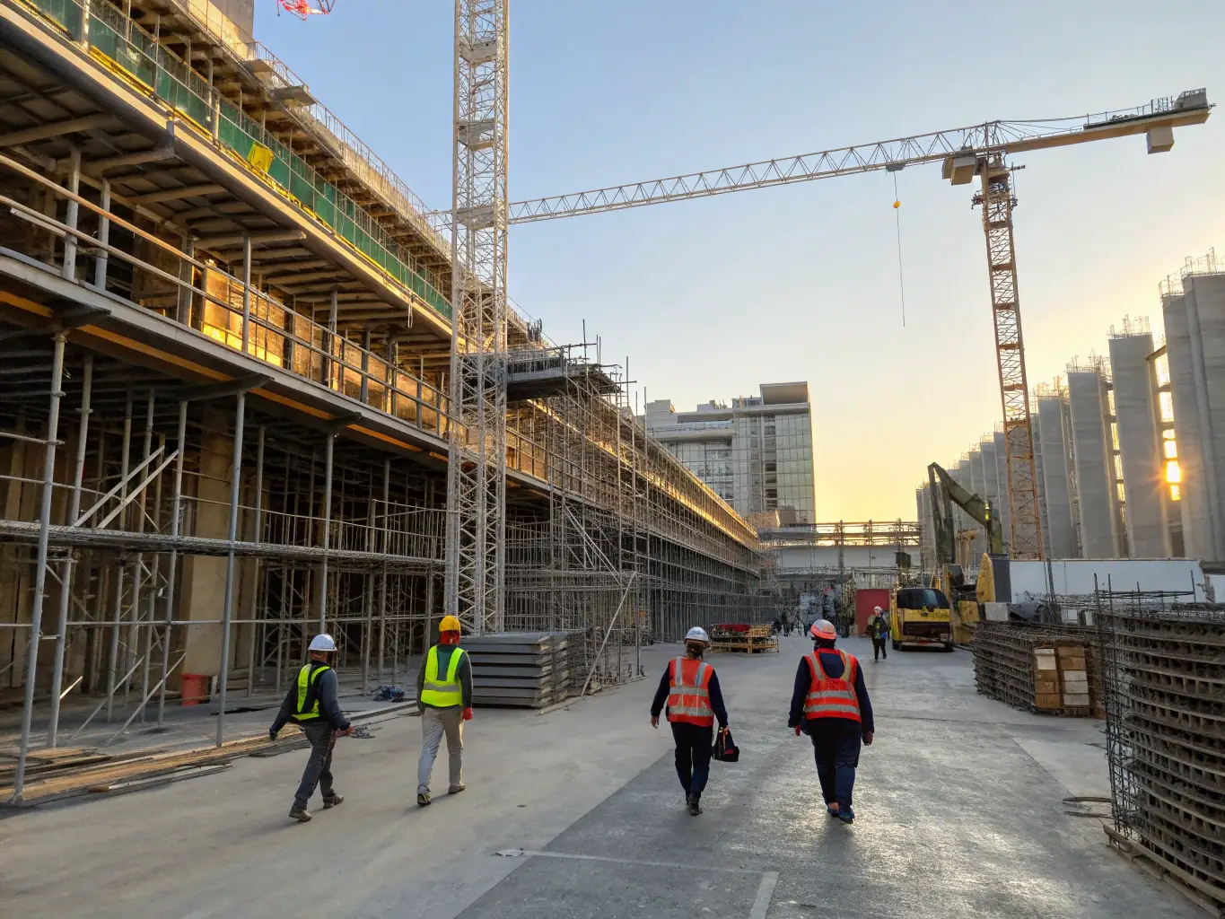 A wide shot of a SOFSERVICE SARL construction site, showcasing the construction of a modern infrastructure project, with workers and heavy machinery in action.