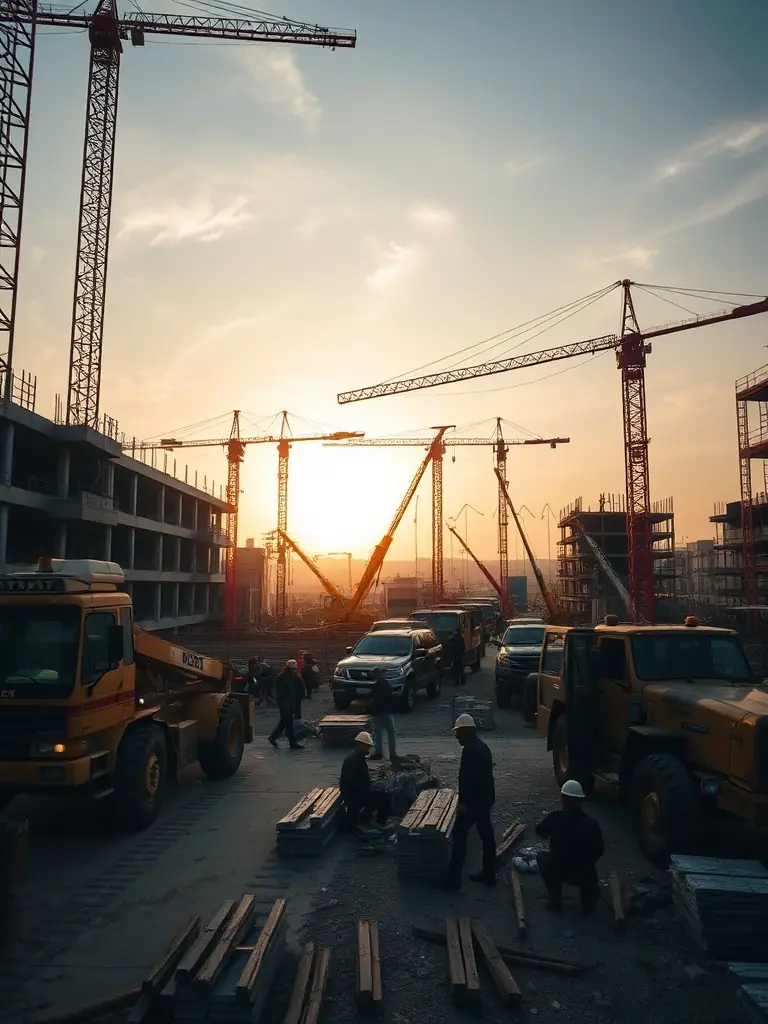 A professional photograph of a construction site managed by MANEWS SARLU, showcasing heavy machinery and workers constructing a large building, emphasizing the scale and expertise in civil engineering.