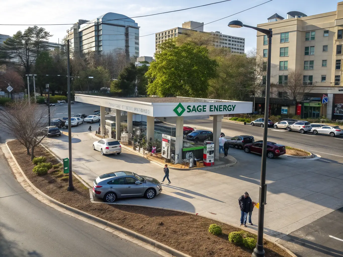 A modern MANEWS OIL service station with multiple fuel pumps and electric vehicle charging points, showcasing the distribution of hydrocarbons and commitment to renewable energy.