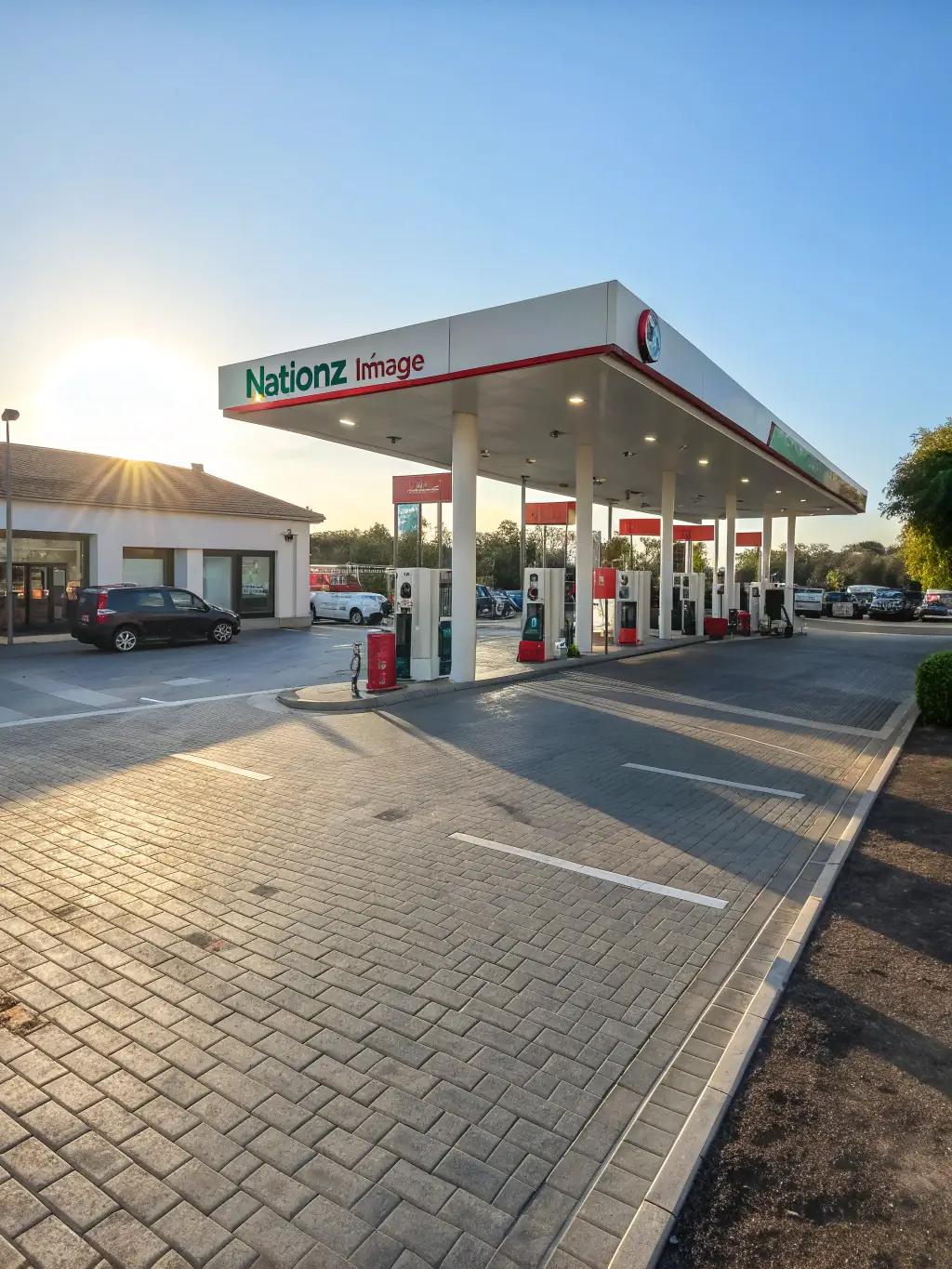 A modern and clean image of a MANEWS OIL service station in an urban setting, with cars refueling and the company logo prominently displayed, highlighting their presence in the energy sector.