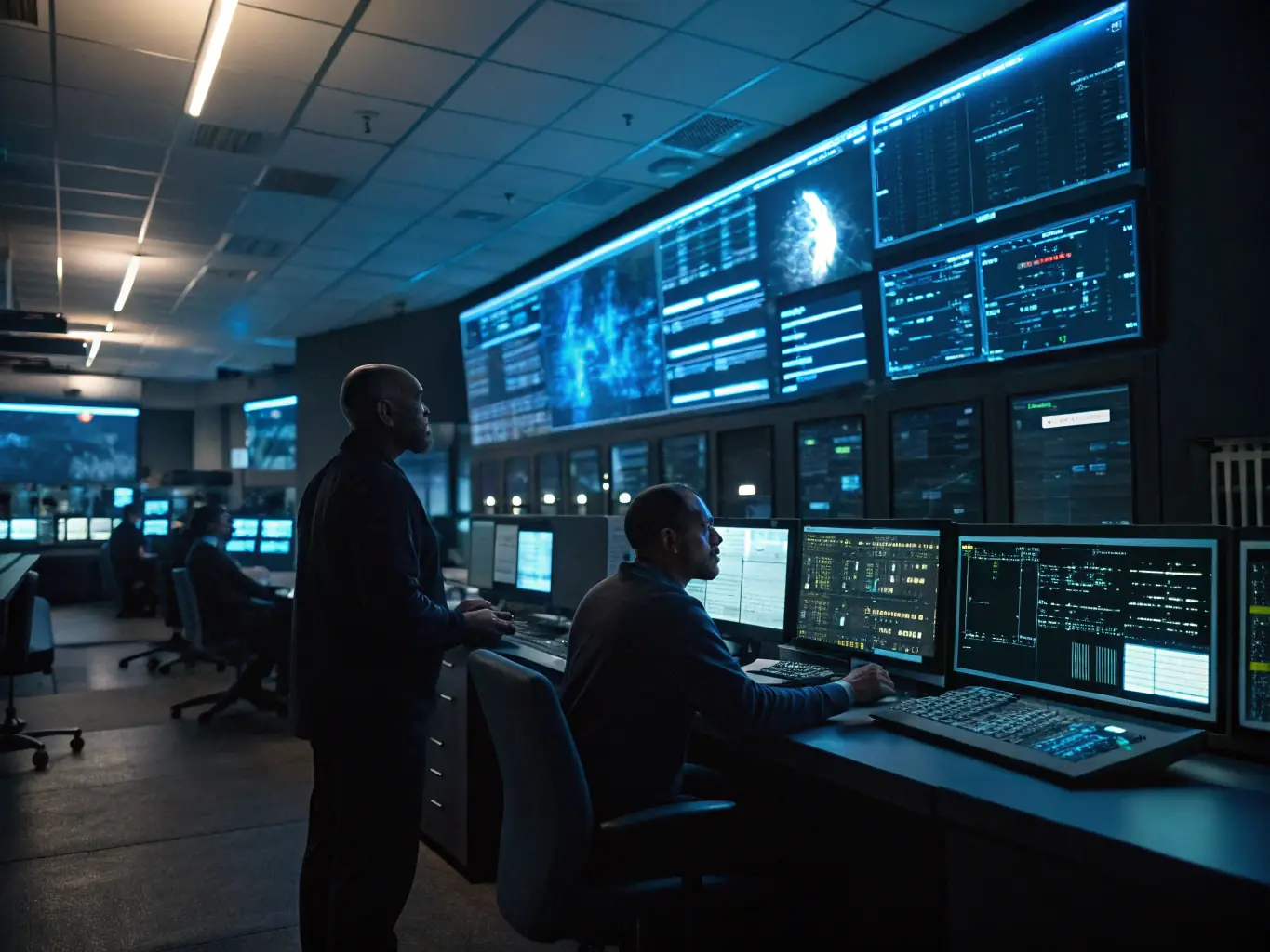 A close-up shot of SOFSERVICE SARL technicians providing operational support in a control room, with multiple screens displaying real-time data and system performance metrics.