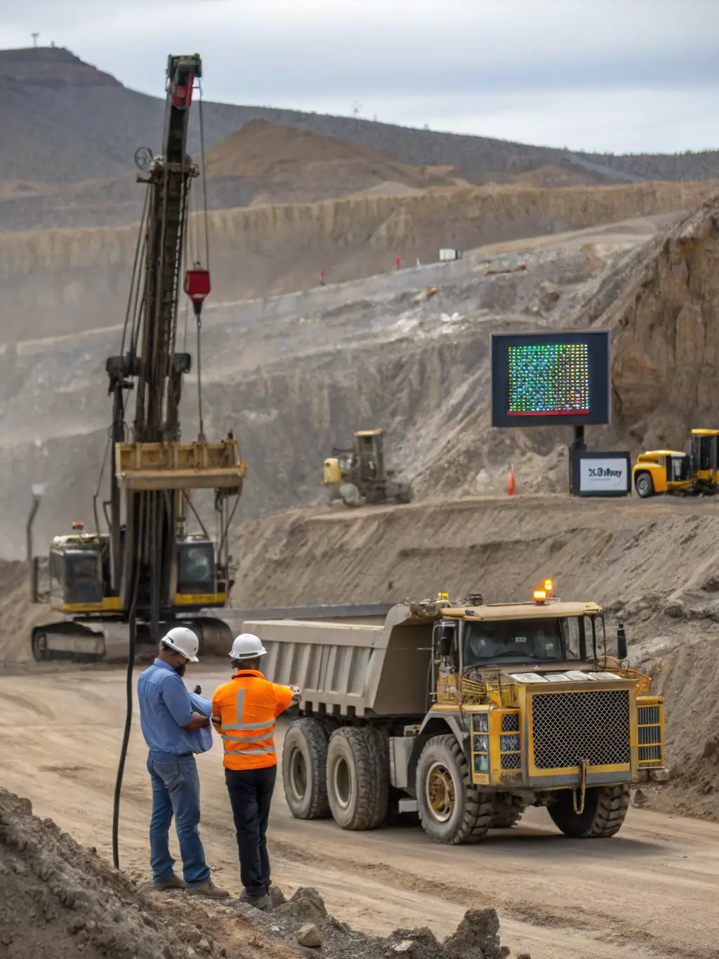 A photograph of ELEPHANT SARL trucks transporting mining equipment across a challenging terrain, demonstrating their capabilities in heavy transport and logistics for the mining sector.