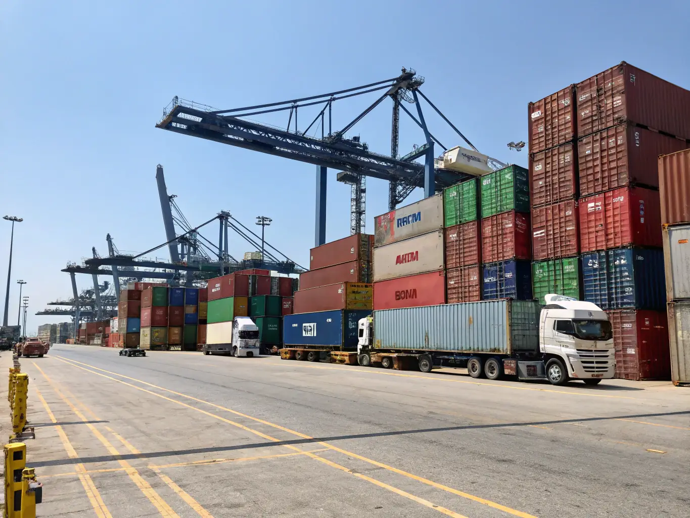 An aerial view of a well-organized supply chain operation, with trucks, warehouses, and cargo ships, illustrating ELEPHANT SARL's supply chain management services.