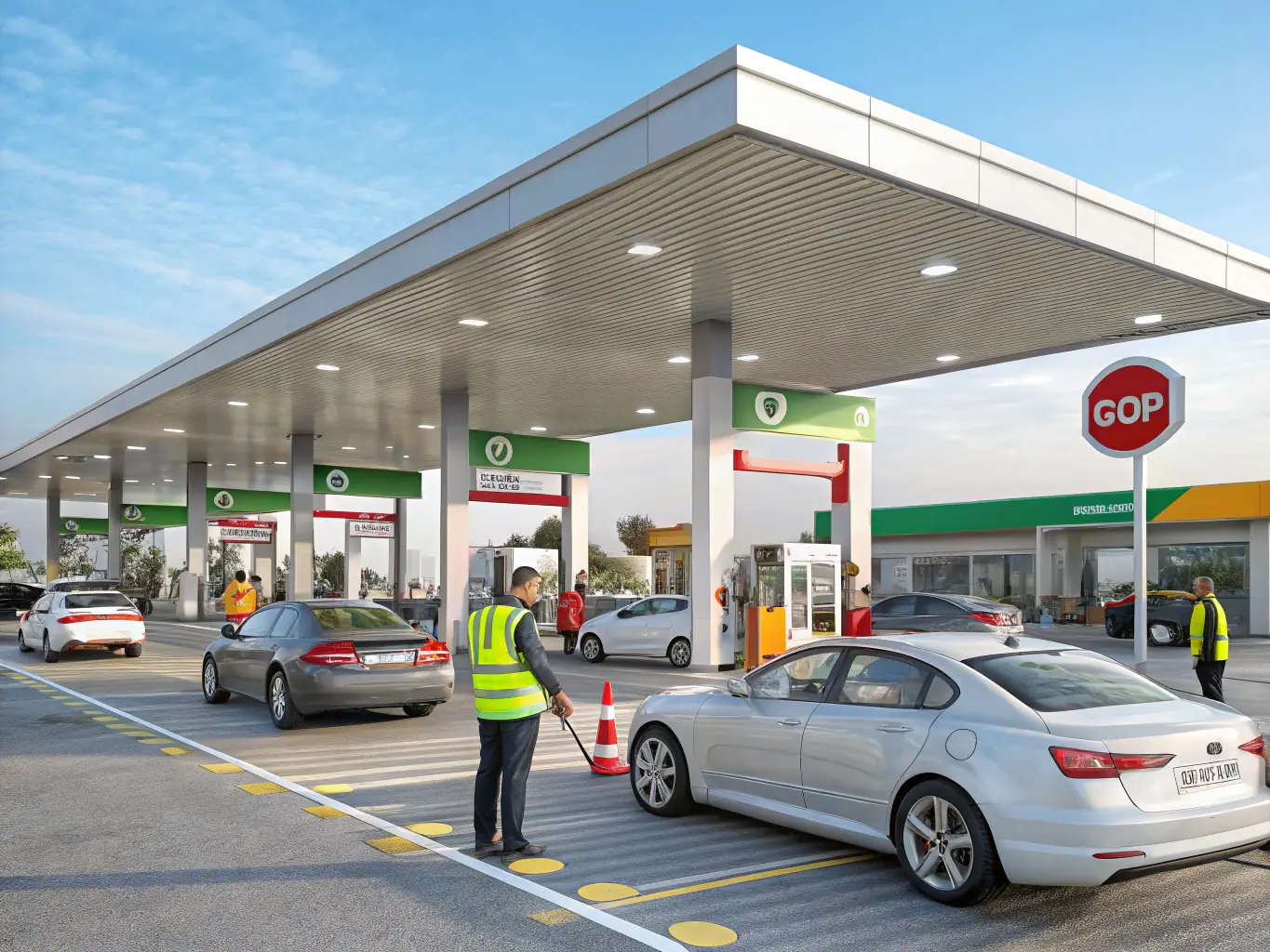 A bustling MANEWS OIL service station with cars refueling and customers using the convenience store, highlighting the company's retail operations and customer service.