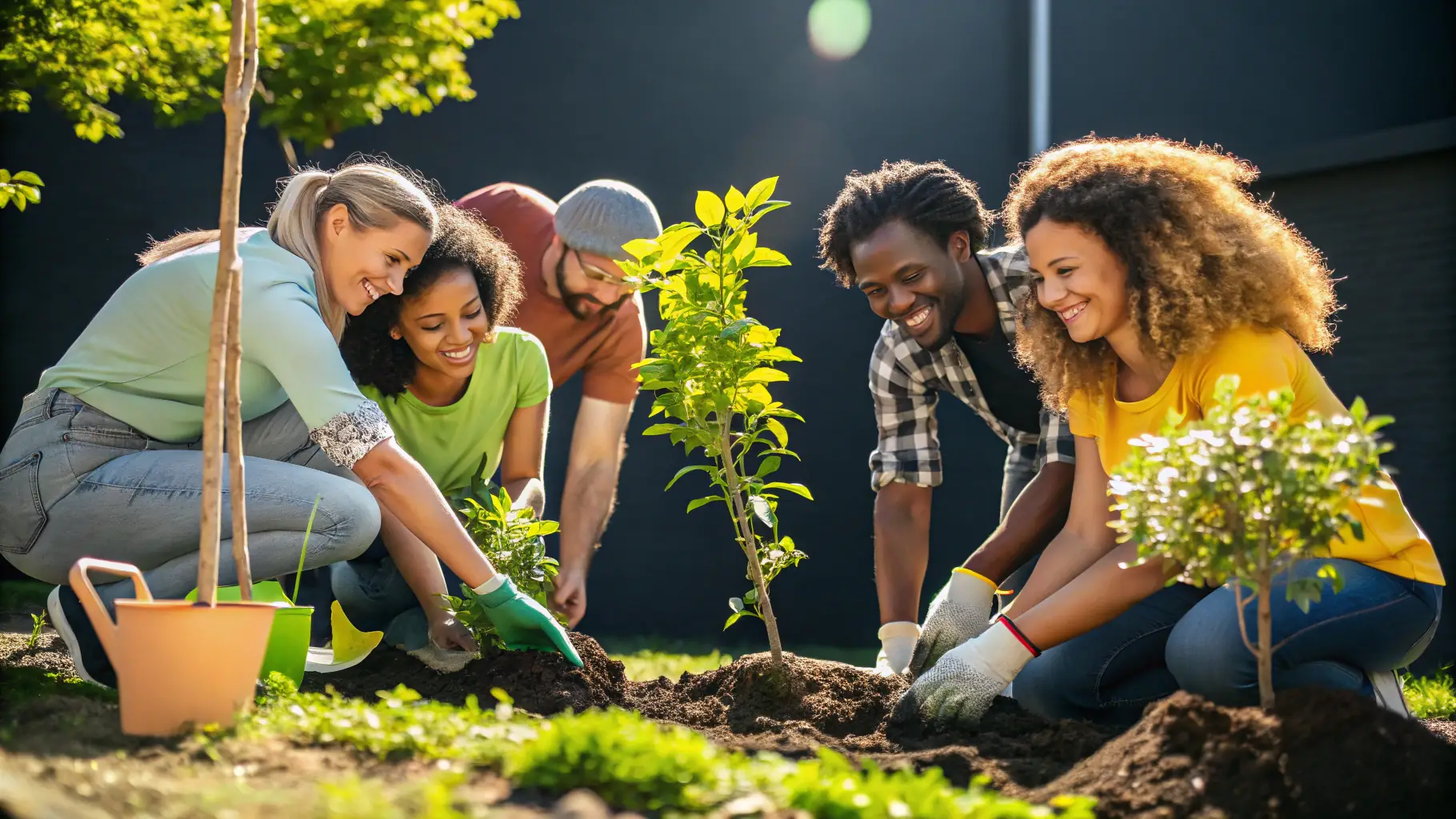 A diverse group of MANEWS GROUP employees planting trees in a deforested area, symbolizing the company's commitment to environmental sustainability and community involvement.
