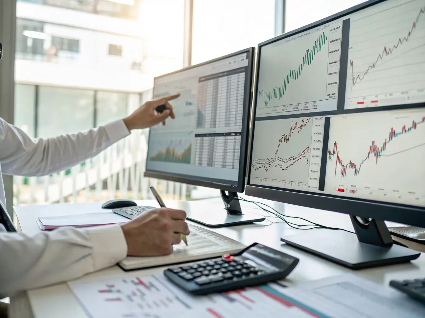 A trader at a desk, analyzing oil market data on multiple screens, illustrating MANEWS OIL's expertise in oil trading and market analysis.