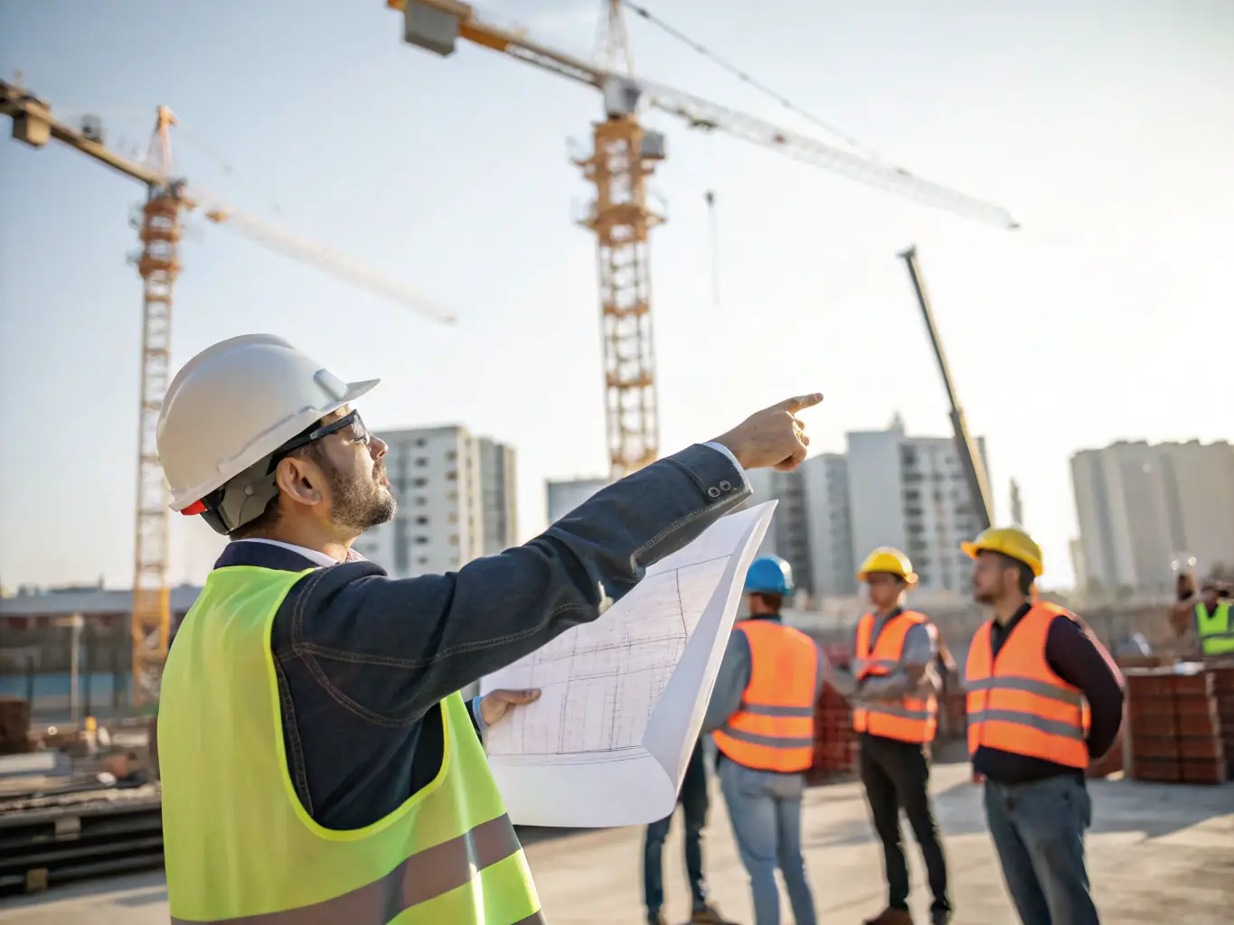 A SOFSERVICE SARL construction site with engineers overseeing the construction of a modern infrastructure project, highlighting their expertise in civil engineering.