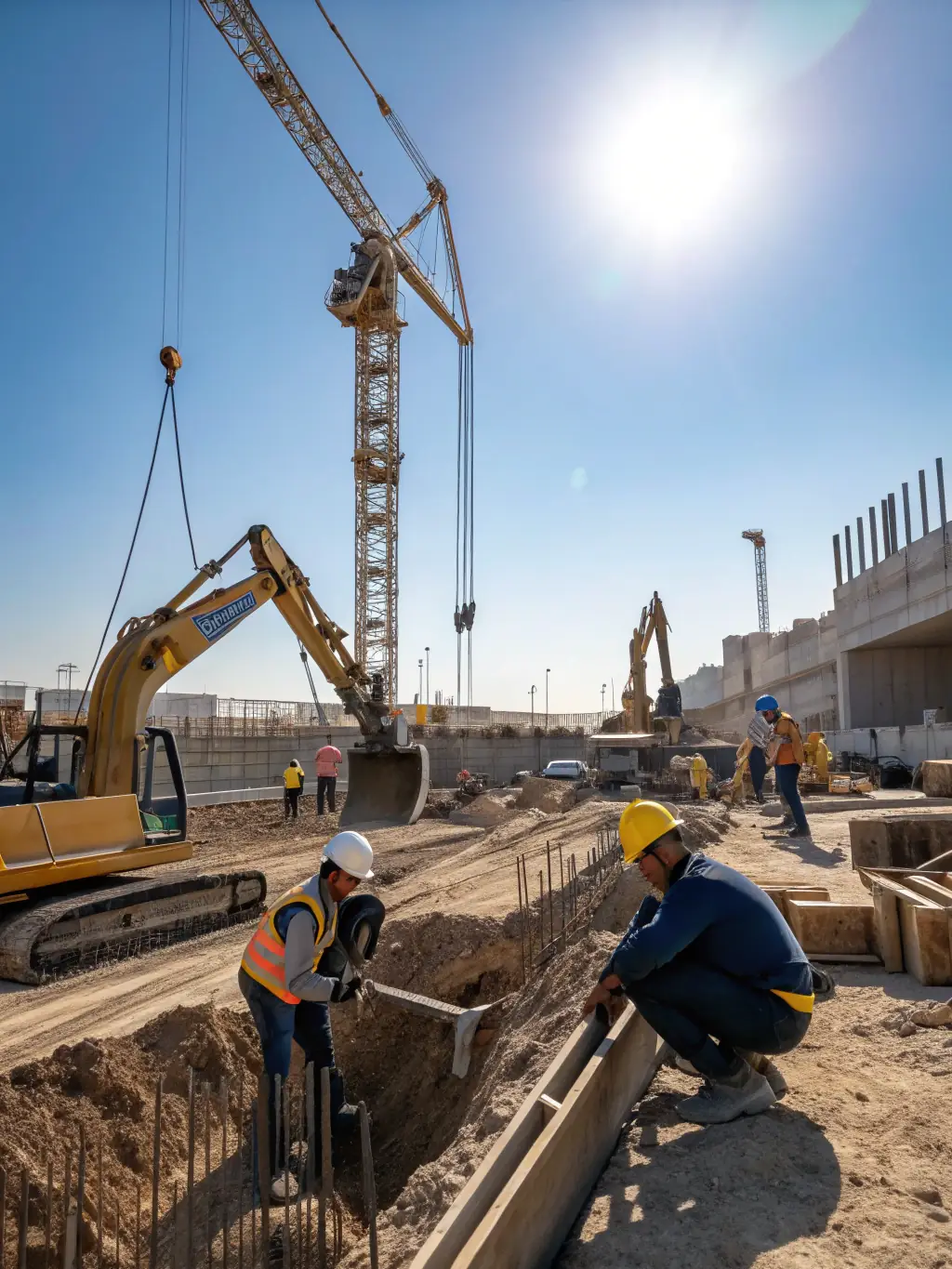 A high-angle, medium shot of construction workers operating heavy machinery on a MANEWS SARLU construction site, with a focus on safety and efficiency.