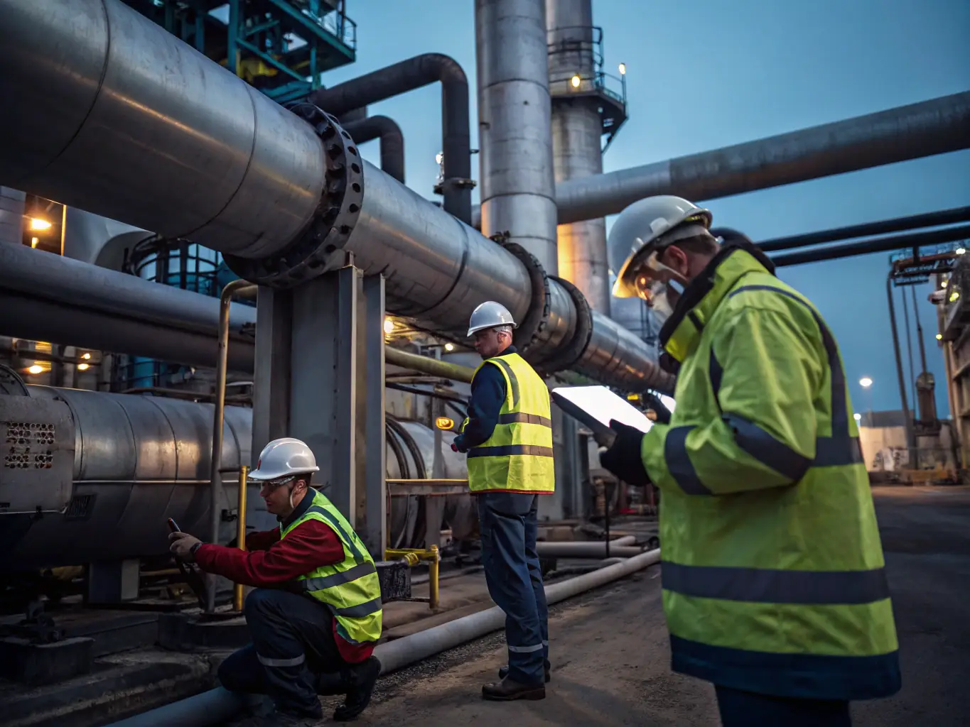 A high-angle shot of SOFSERVICE SARL engineers inspecting a complex industrial machine, with focus on their collaborative approach and use of advanced diagnostic tools.