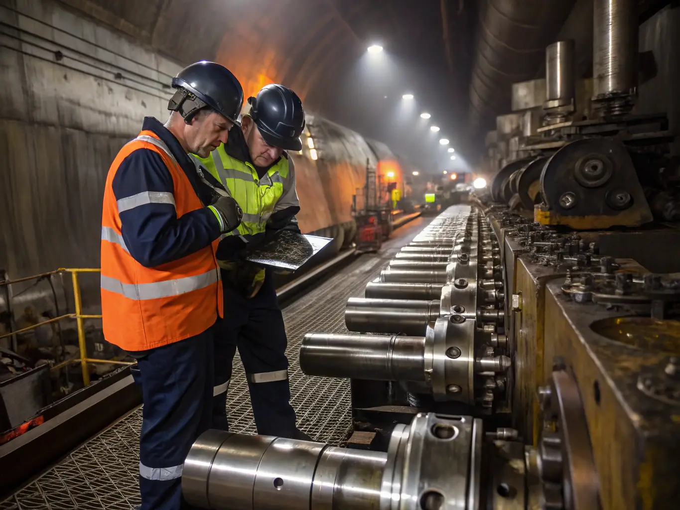 A high-angle shot of a SOFSERVICE SARL team performing maintenance on heavy industrial machinery in a factory setting, showcasing their expertise and precision.