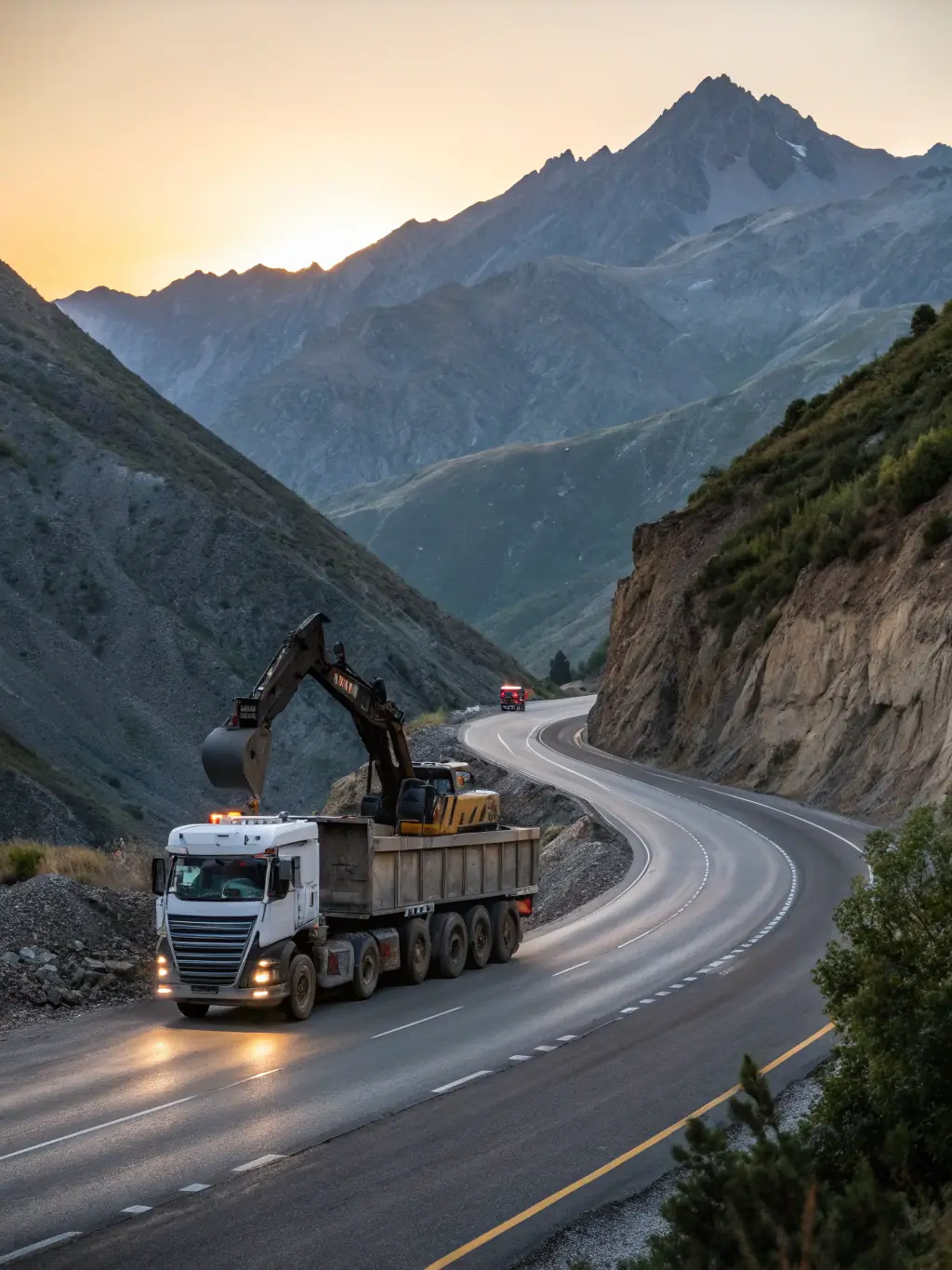 A dynamic shot of ELEPHANT SARL trucks transporting mining equipment across a challenging terrain, emphasizing their logistics capabilities.