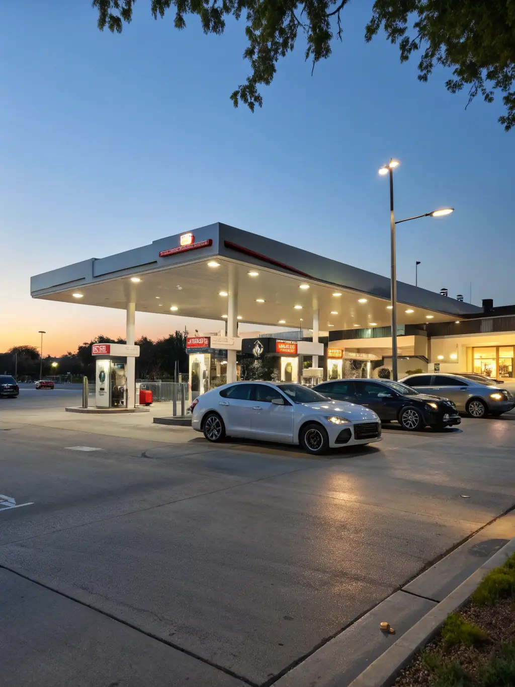 A wide shot of a MANEWS OIL service station in a bustling urban area, showcasing the company's commitment to reliable energy distribution.